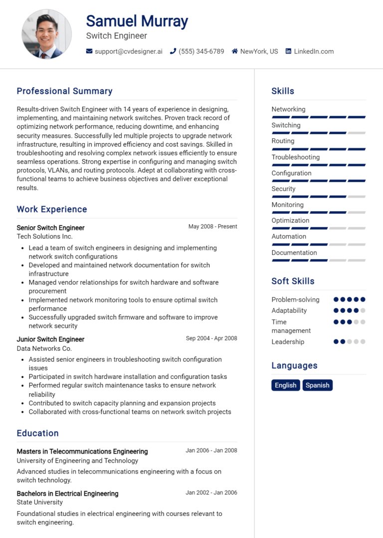 Switch Engineer Resume Example for 2025: Free Examples