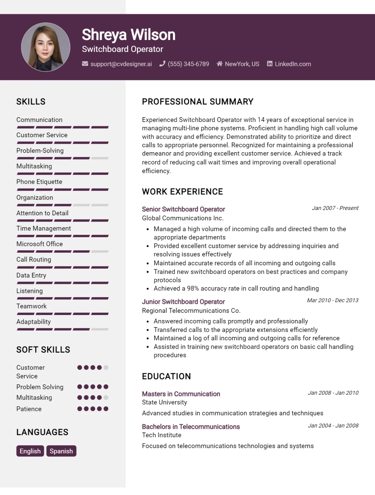 Switchboard Operator CV Example