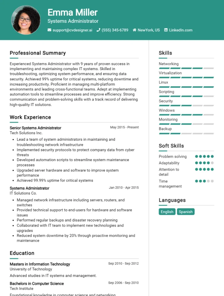 Systems Administrator CV Example For 2025: Effective CV Writing Tips