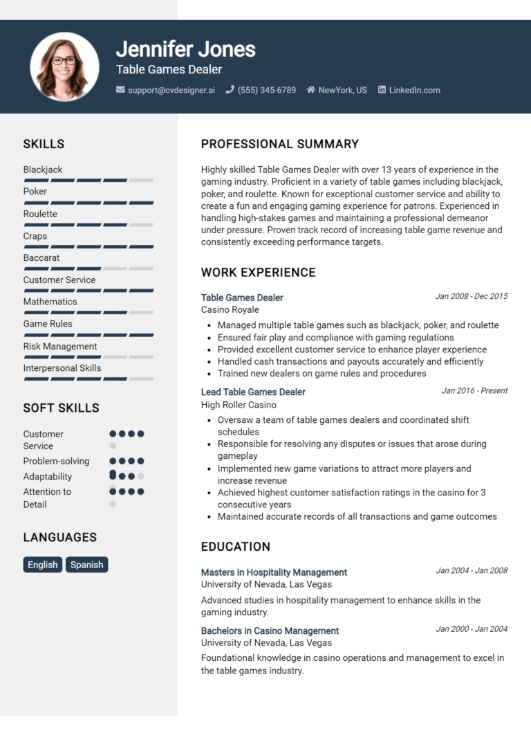 Table Games Dealer Resume Example for 2025: Professional CV Templates