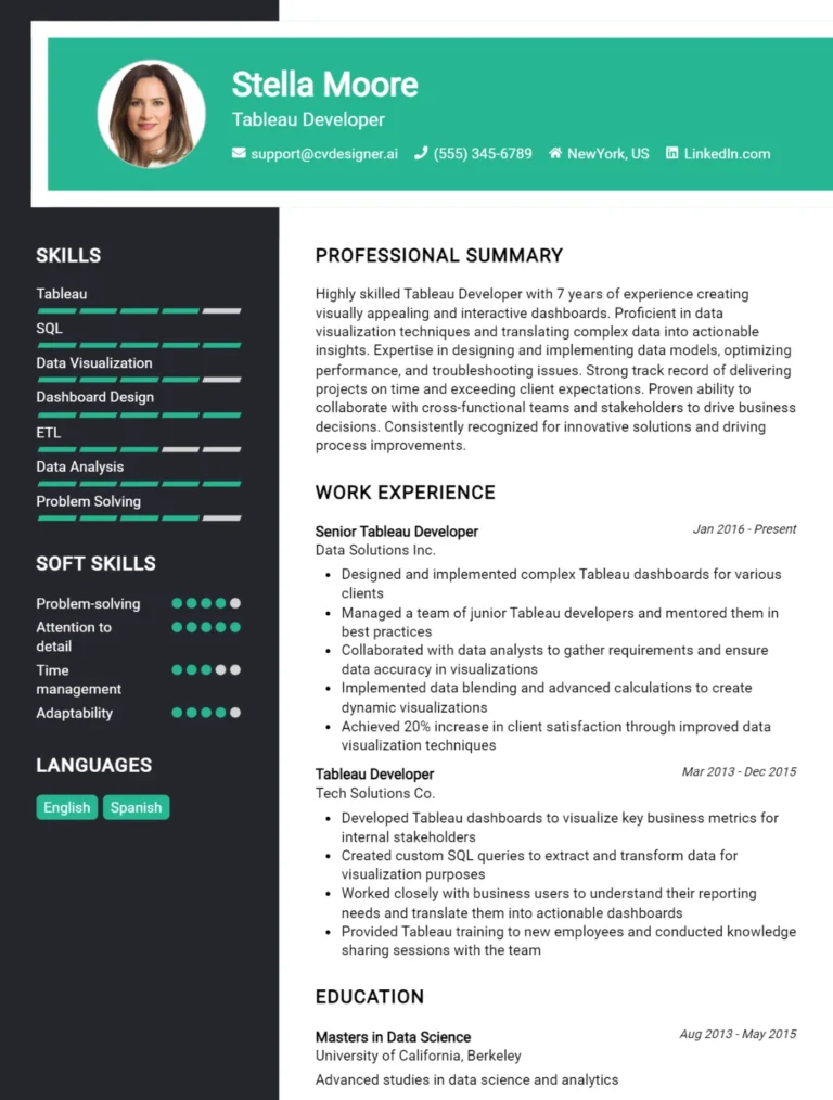 Tableau Developer CV Example For 2025: Expert Tips & Templates