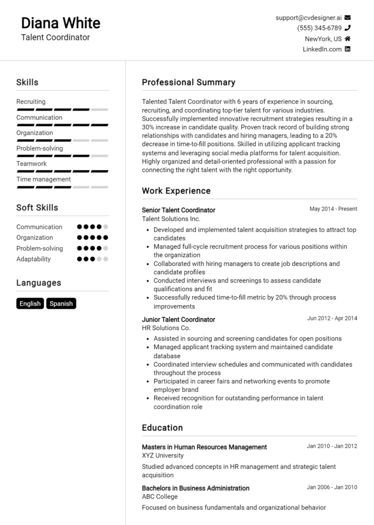 Talent Coordinator Resume Example