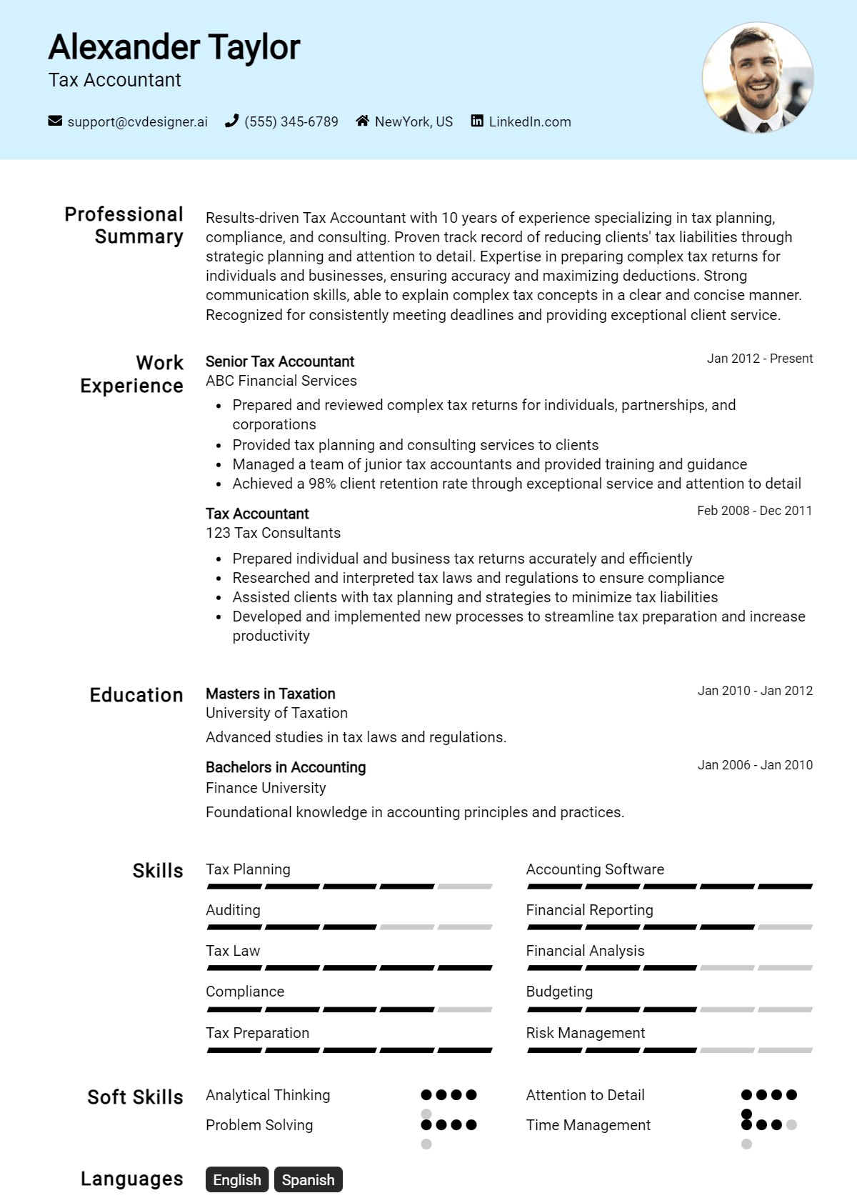 14 Tax Accountant Resume Examples And Templates for 2024 - CVDesigner.ai