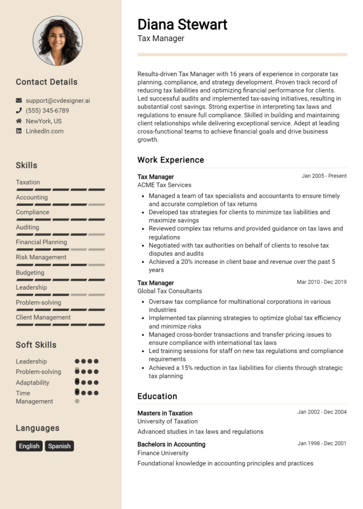 Tax Manager Resume Example