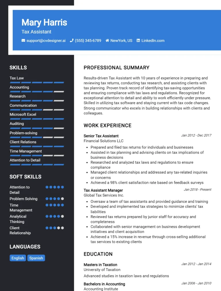 Tax Assistant CV Example For 2025: Effective CV Writing Tips
