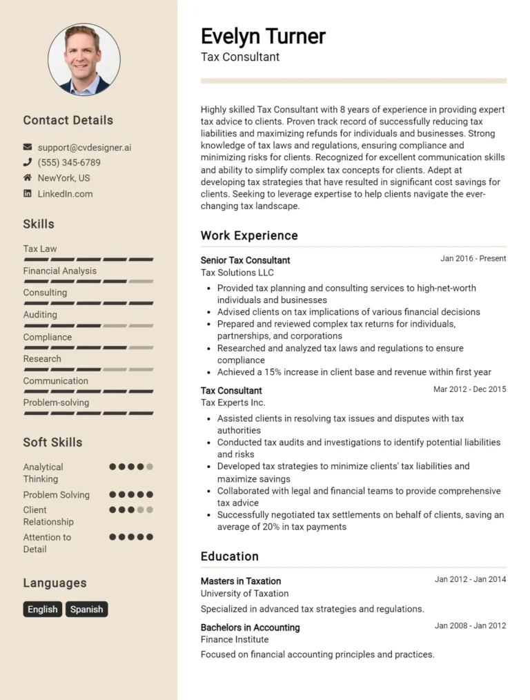 12 Tax Consultant CV Examples And Templates For 2025