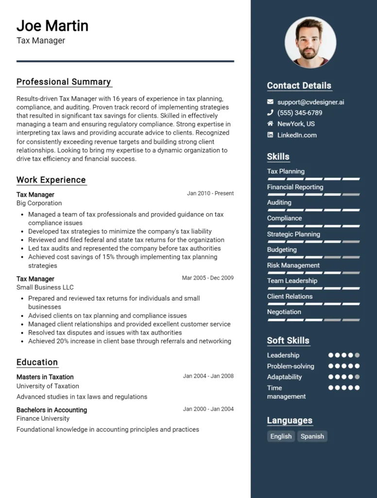 Tax Manager CV Example