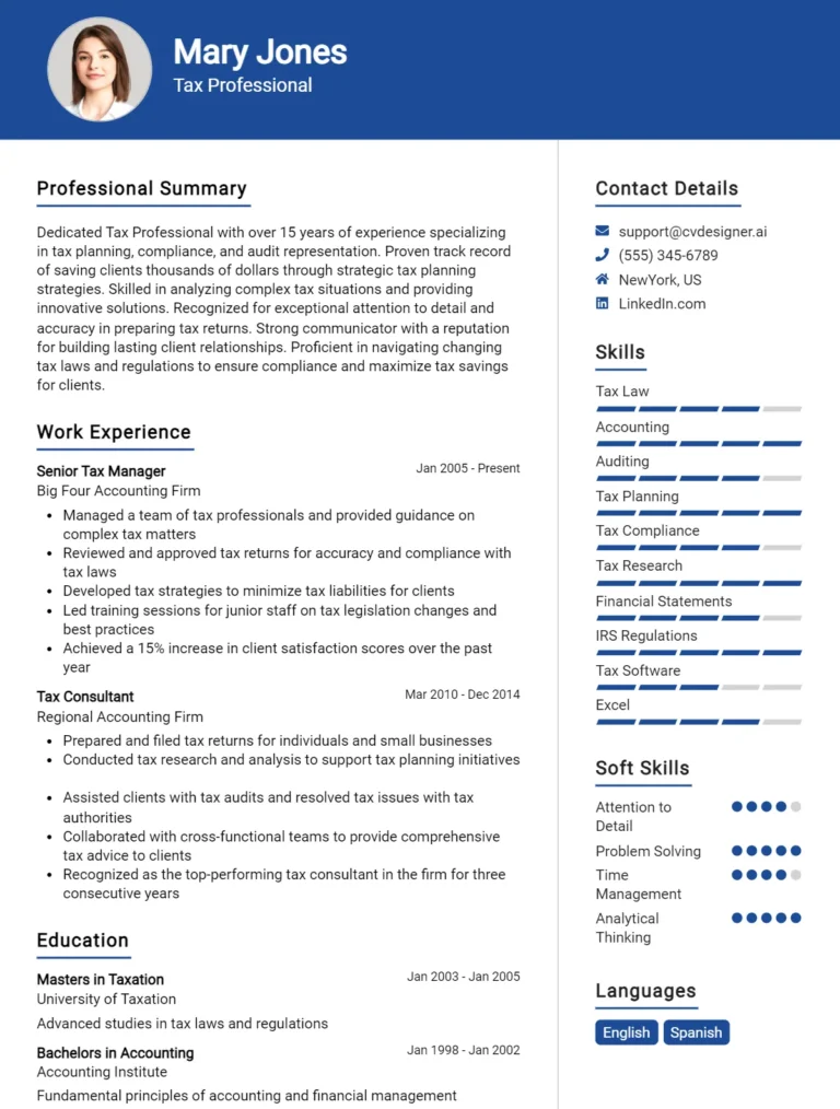 Tax Professional CV Example For 2025: Strategies & Templates