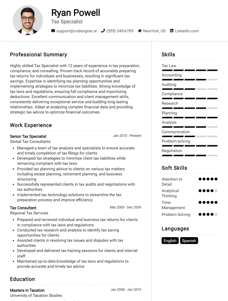 10 Tax Specialist CV Examples And Templates For 2025