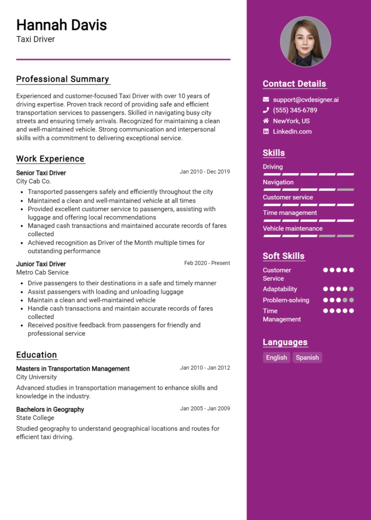 Taxi Driver Resume Example for 2024 Downloadable Templates CVDesigner.ai