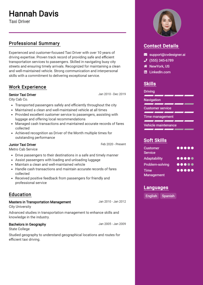 22 Taxi Driver Resume Examples for 2025: Downloadable Templates