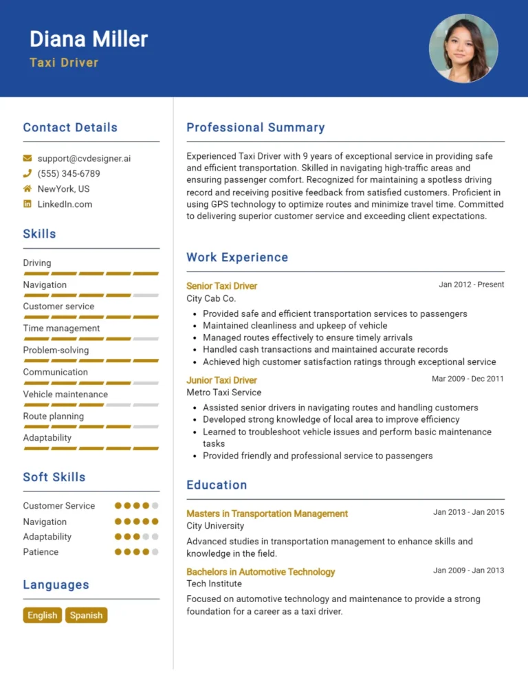 Taxi Driver CV Example For 2025: Best Formatting Tips