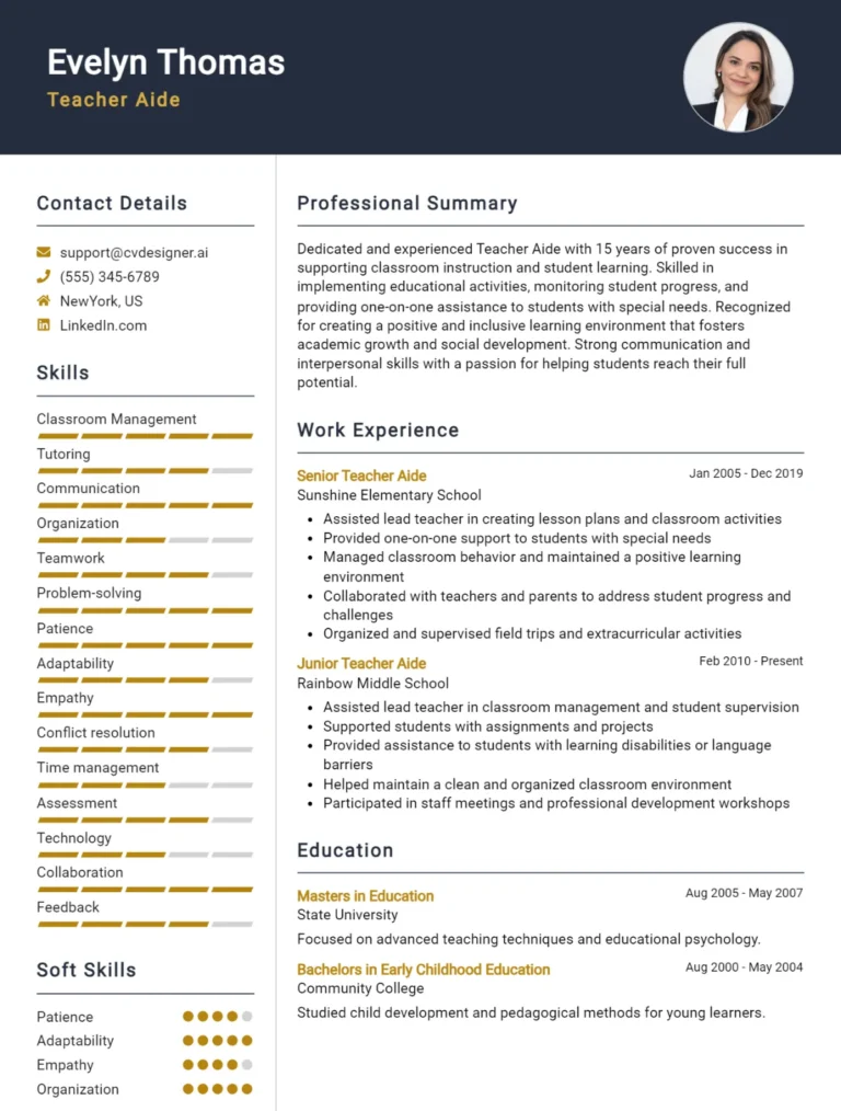 Teacher Aide CV Example For 2025: Free Downloadable Templates