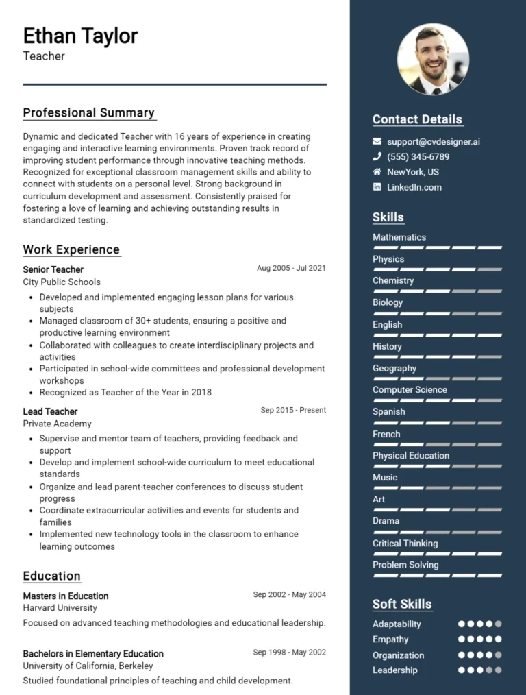 35+ Teacher CV Examples And Templates For 2025: Free Downloadable