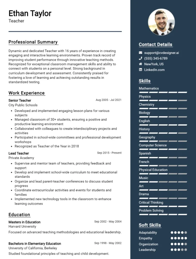 Teacher CV Example