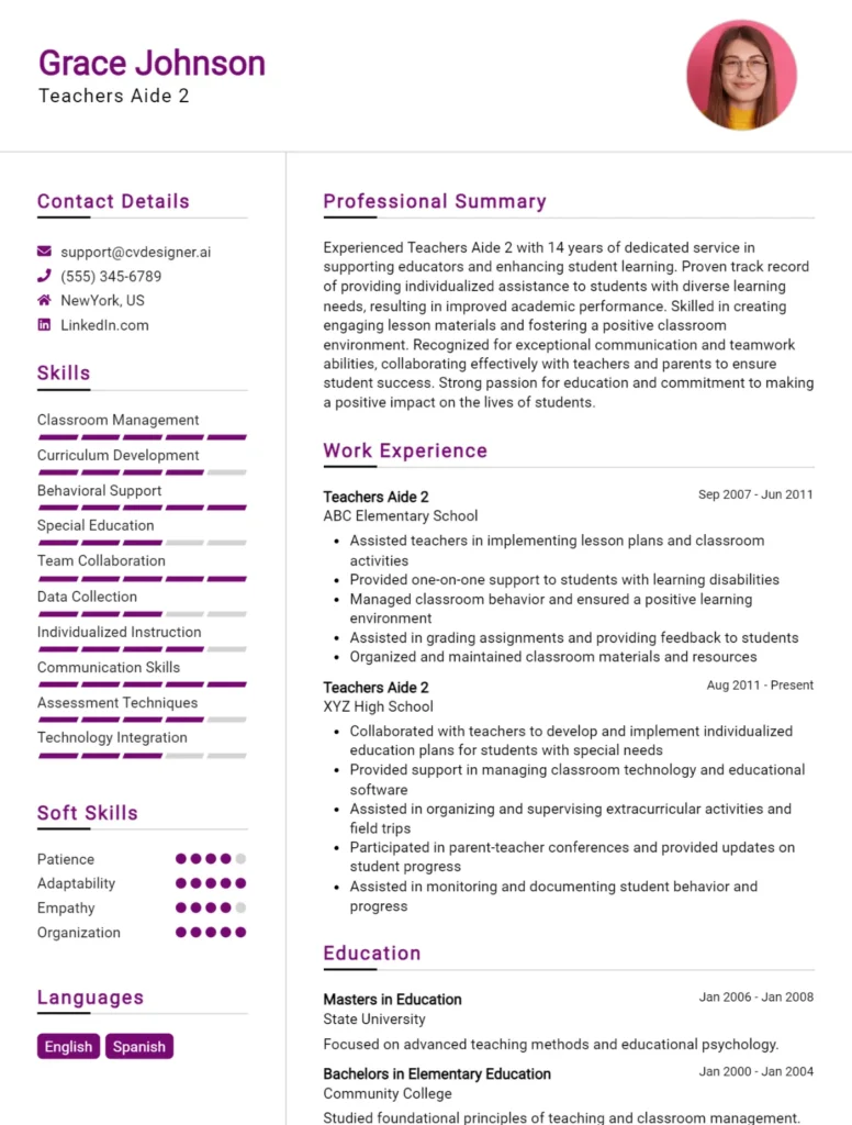 Teachers Aide 2 CV Example