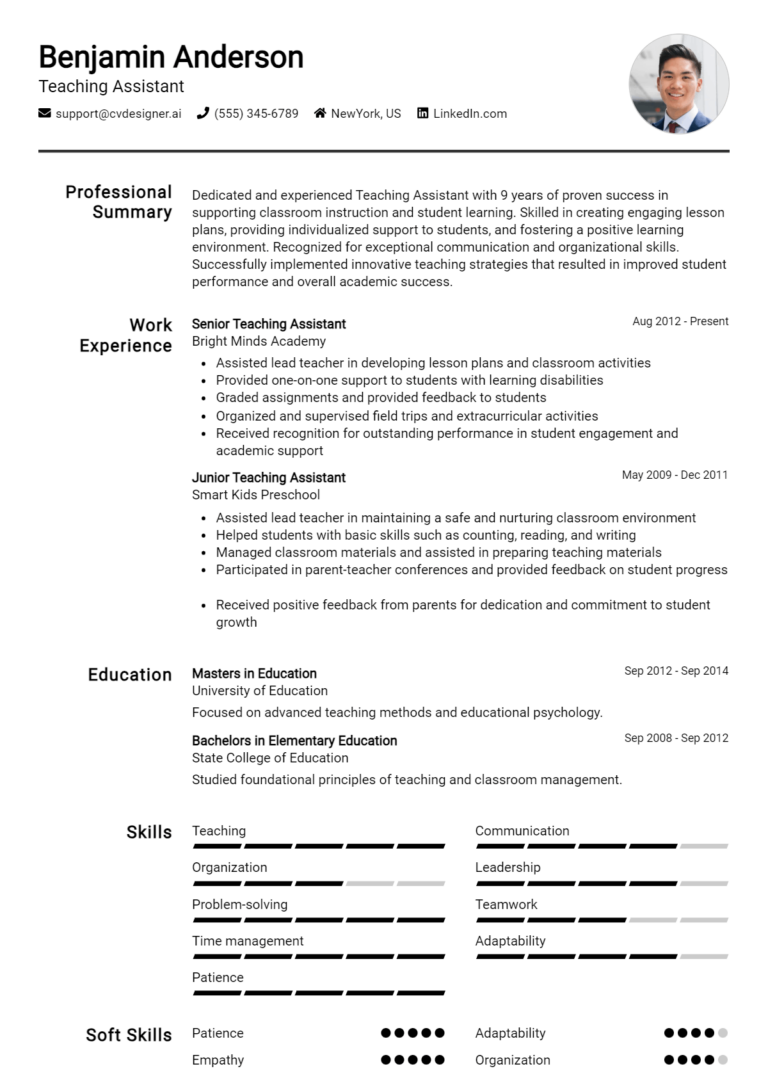 Teaching Assistant Resume Example for 2025: Ultimate Guide
