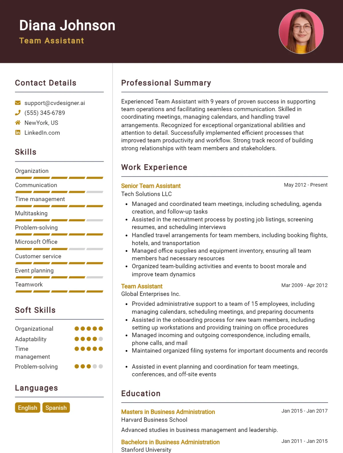 Team Assistant CV Example