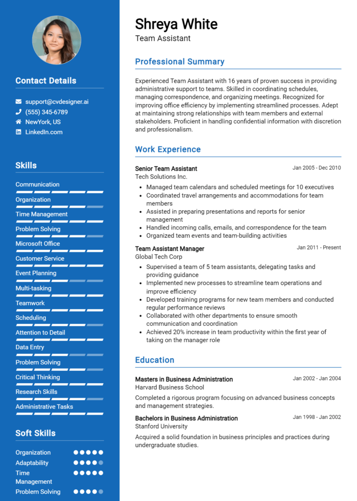 Team Assistant Resume Example