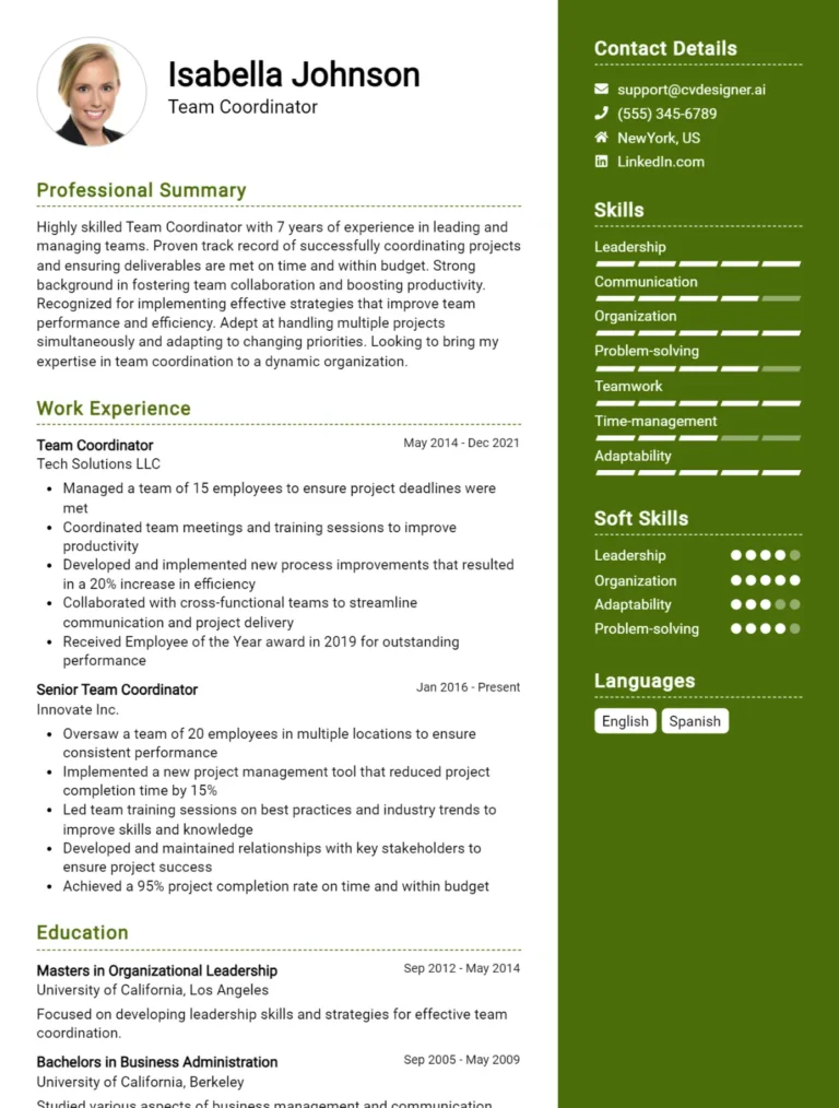 Team Coordinator CV Example For 2025: Examples & Free Templates