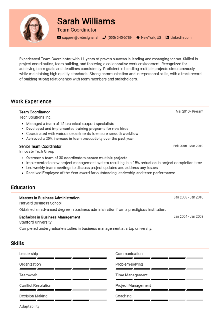 Team Coordinator Resume Example