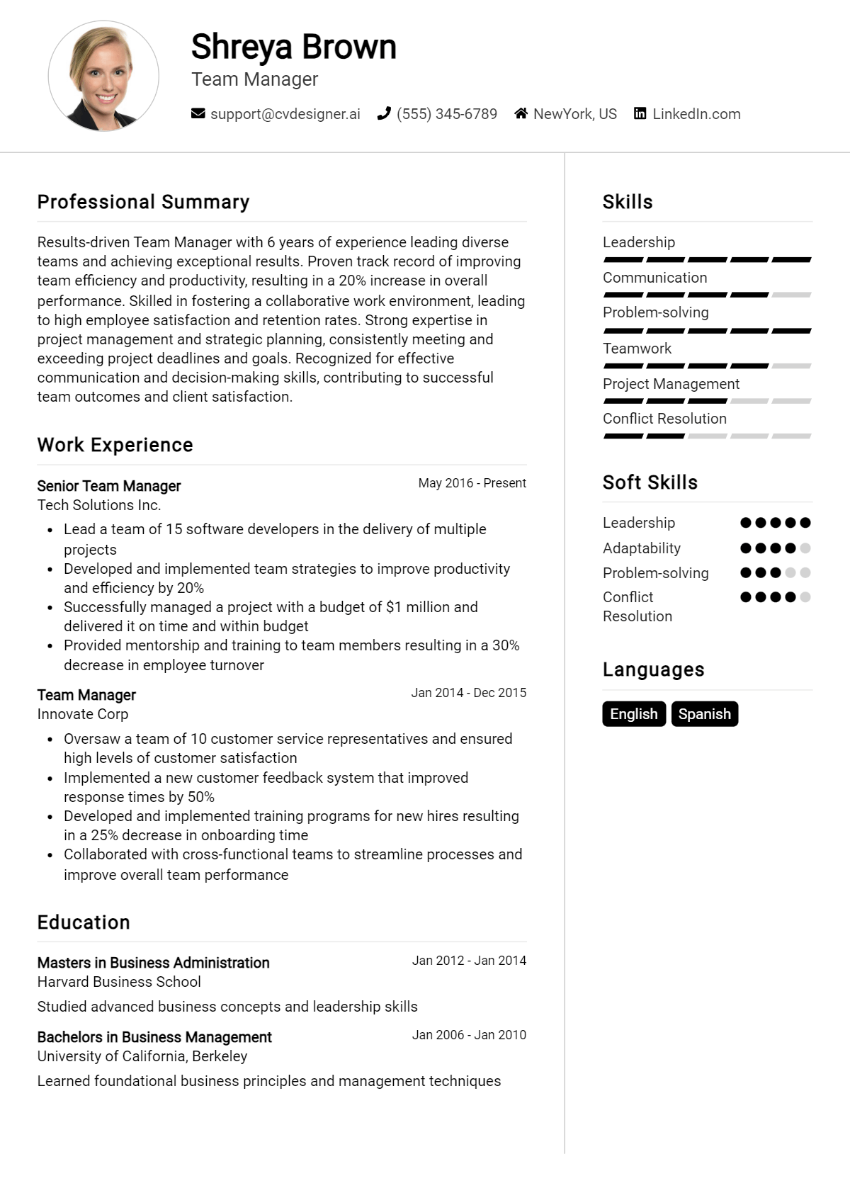 Team Manager Resume Example