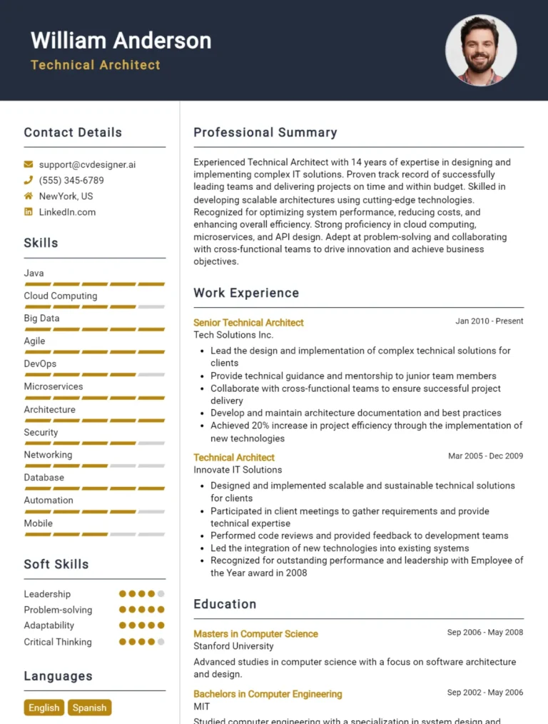 Technical Architect CV Example For 2025: Best Writing Guide