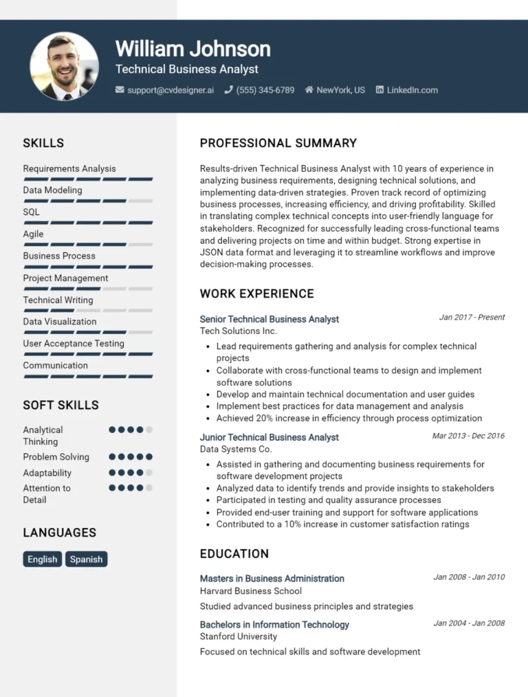 Technical Business Analyst CV Example For 2025: Best Formatting Tips