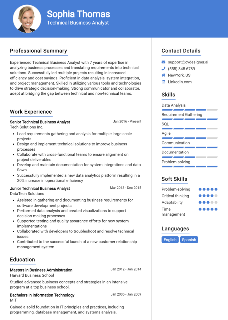 Technical Business Analyst Resume Example