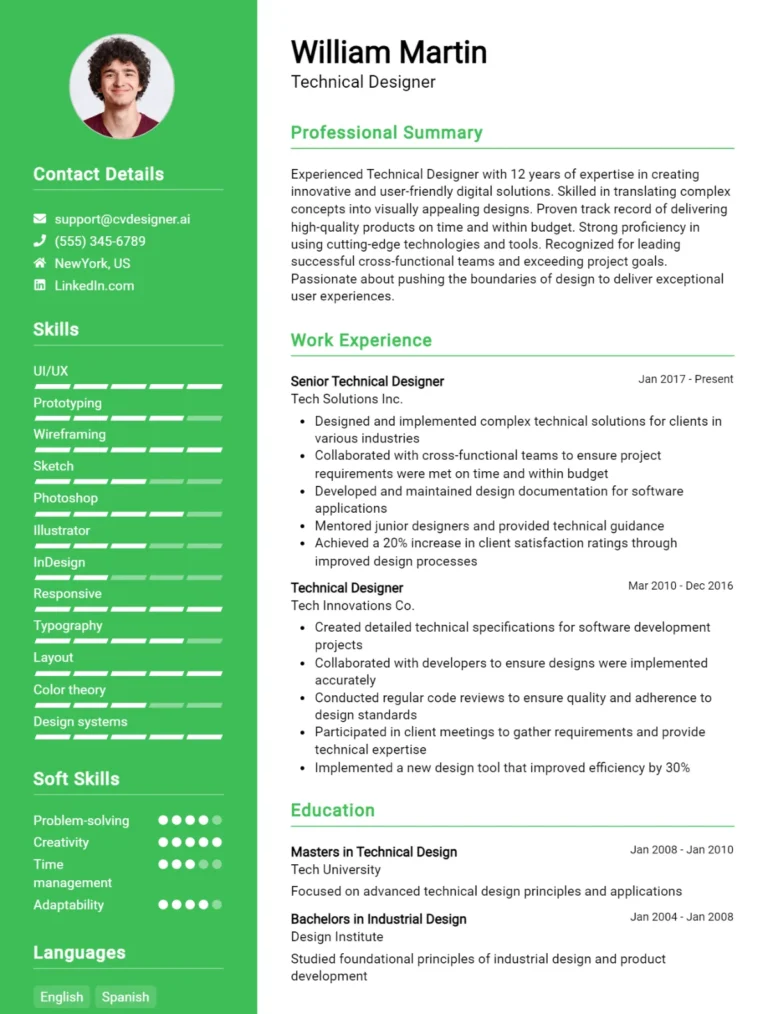 Technical Designer CV Example For 2025: Samples & Best Practices