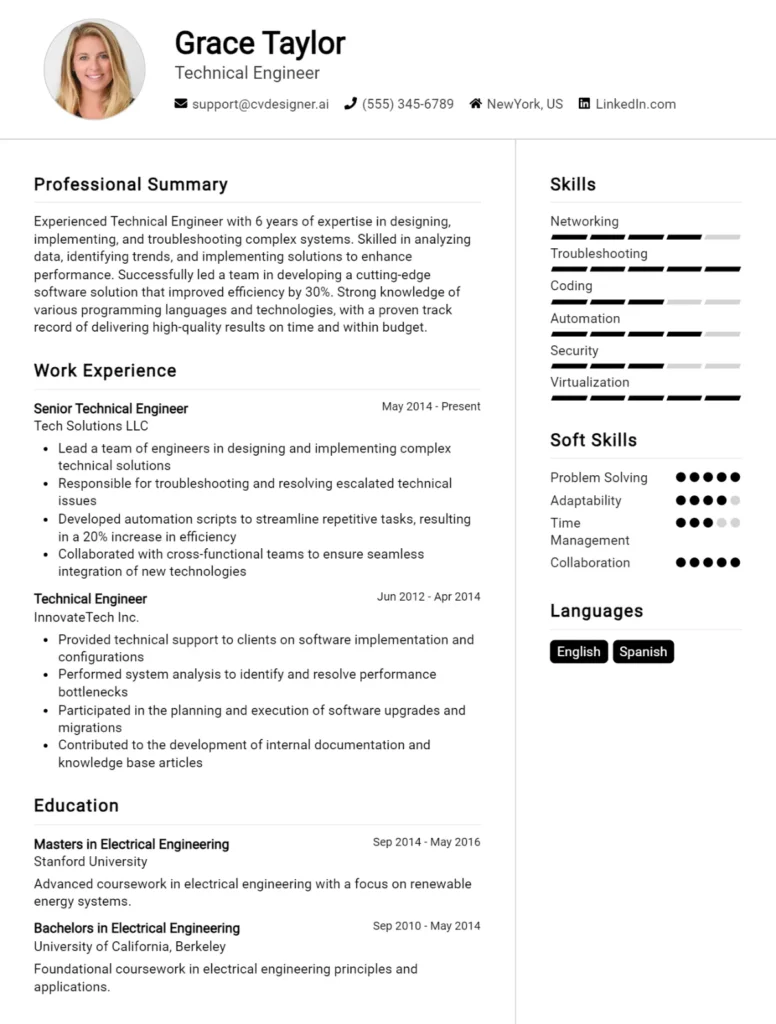 Technical Engineer CV Example