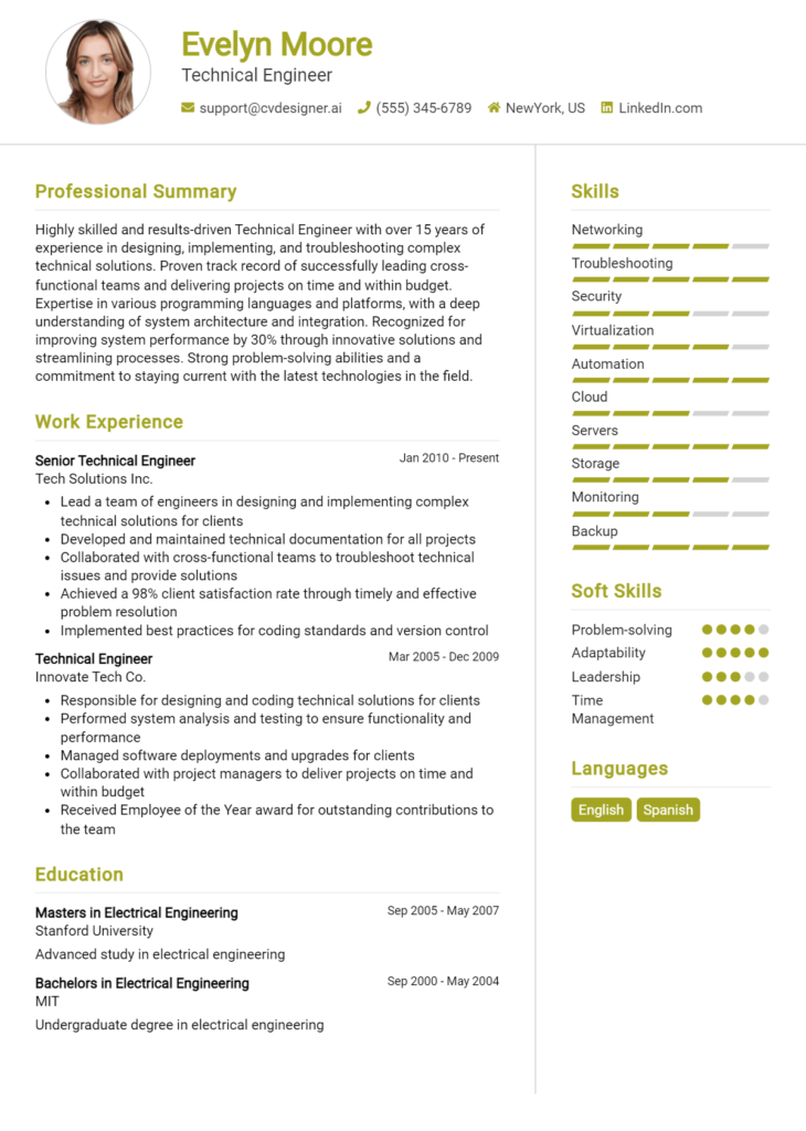 Technical Engineer Resume Example