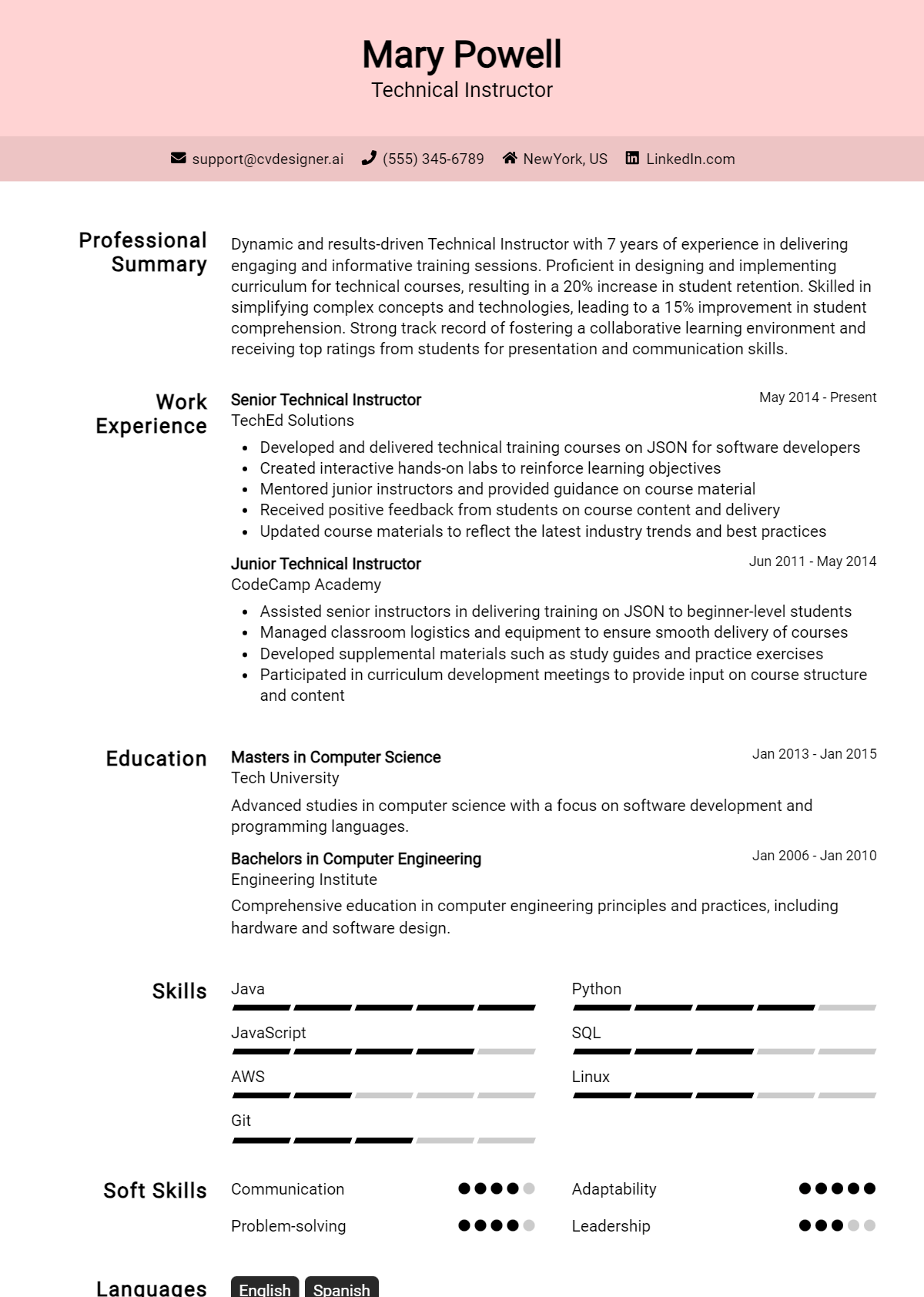 Technical Instructor Resume Example