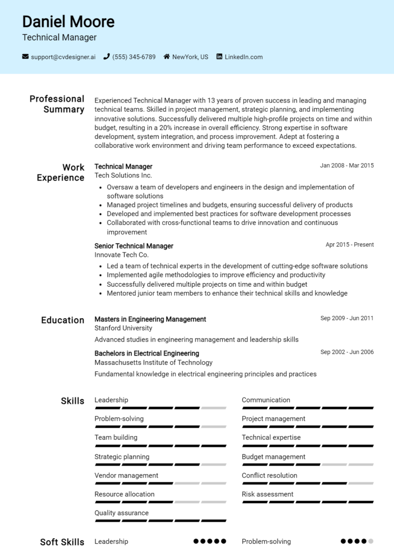 16 Technical Manager CV Examples And Templates For 2025