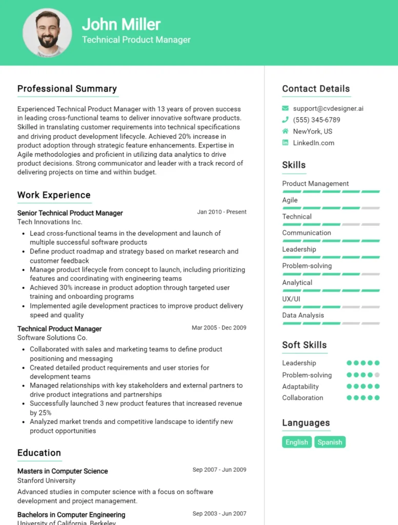 Technical Product Manager CV Example