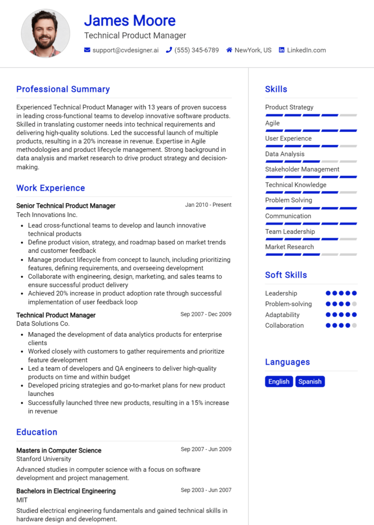 Technical Product Manager Resume Example