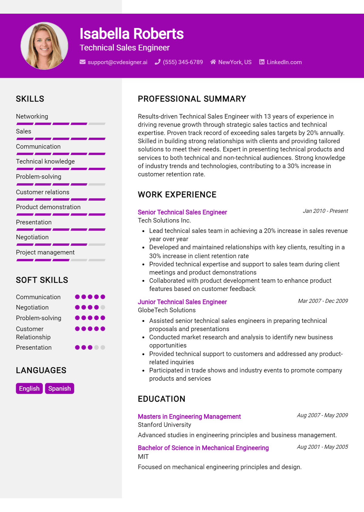 Technical Sales Engineer Resume Example