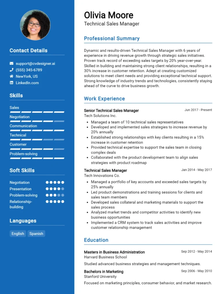 Technical Sales Manager CV Example For 2025: Best Writing Guide