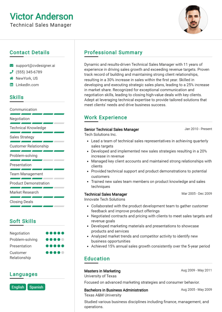 Technical Sales Manager Resume Example