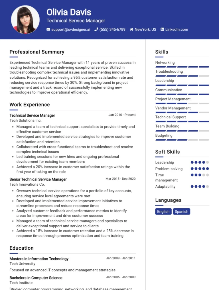 Technical Service Manager CV Example For 2025: Tips & Templates