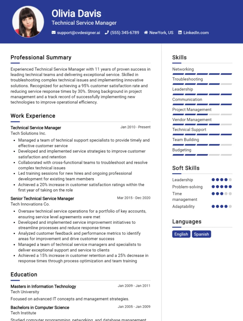 Technical Service Manager CV Example