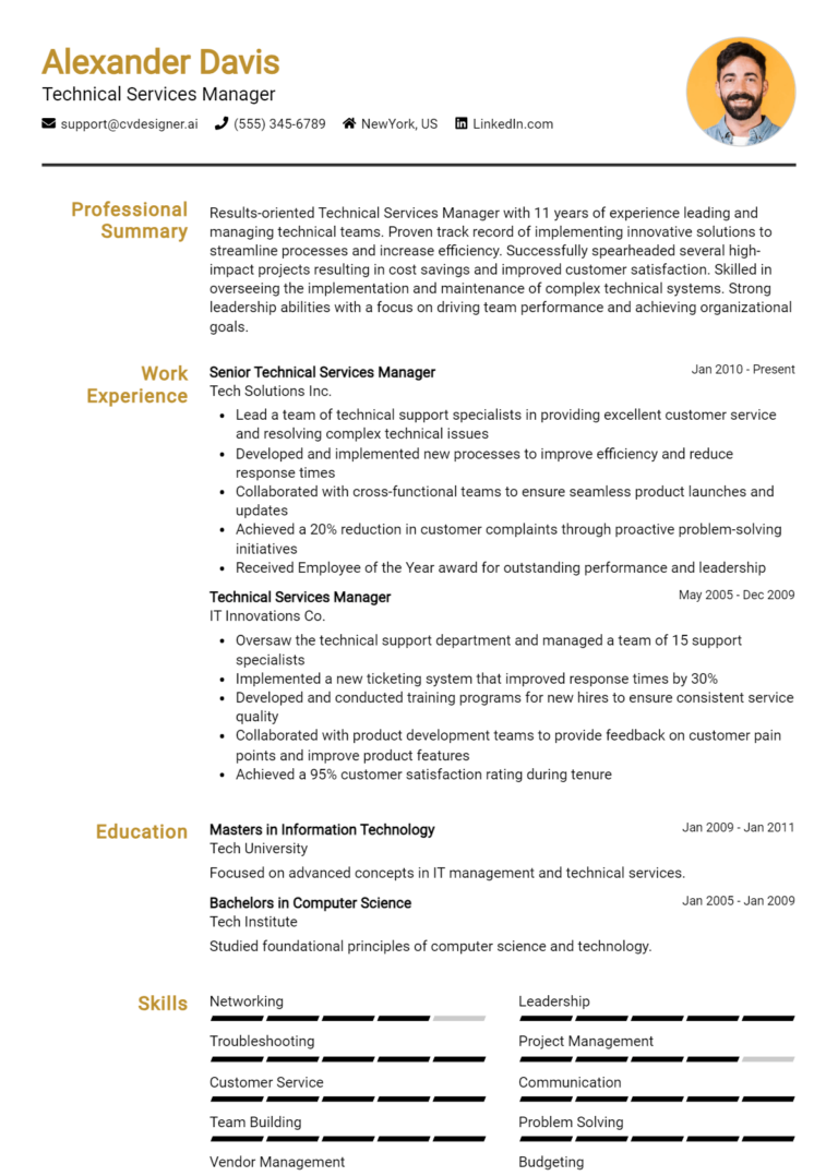 Technical Services Manager Resume Example for 2025: Best Writing Tips