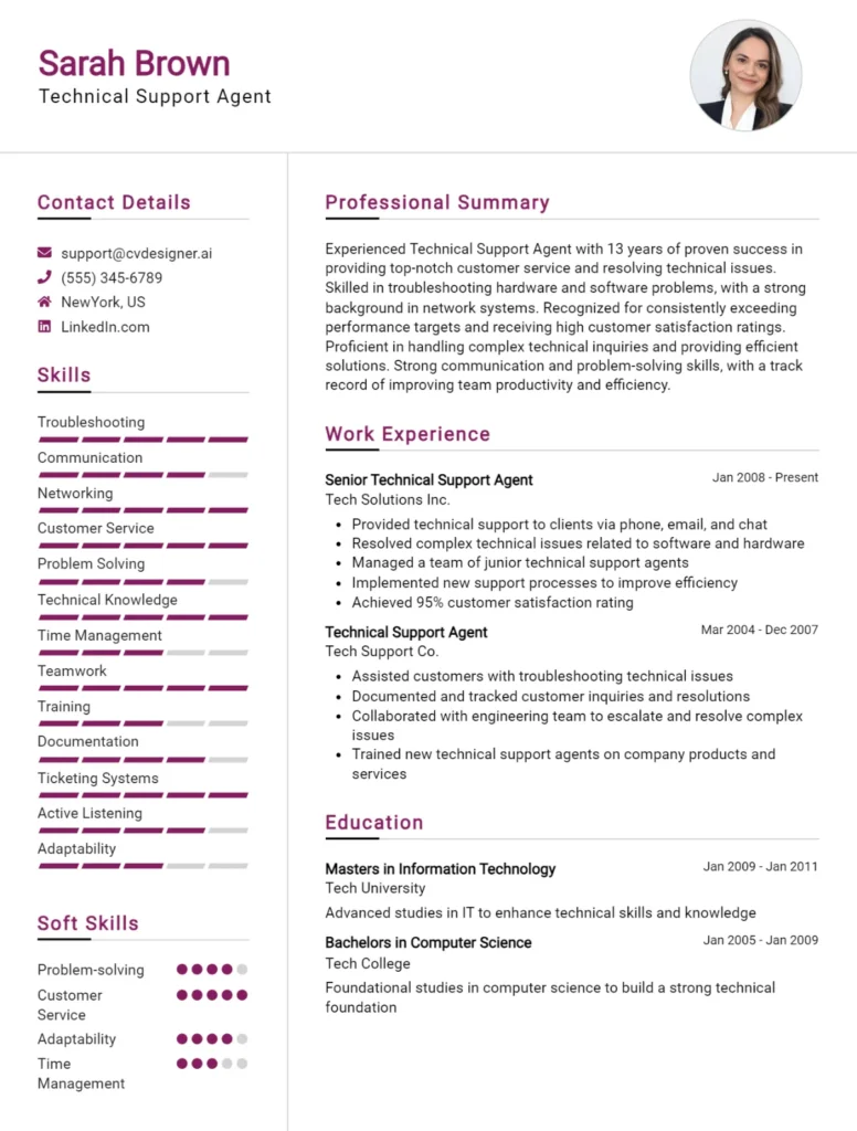 Technical Support Agent CV Example