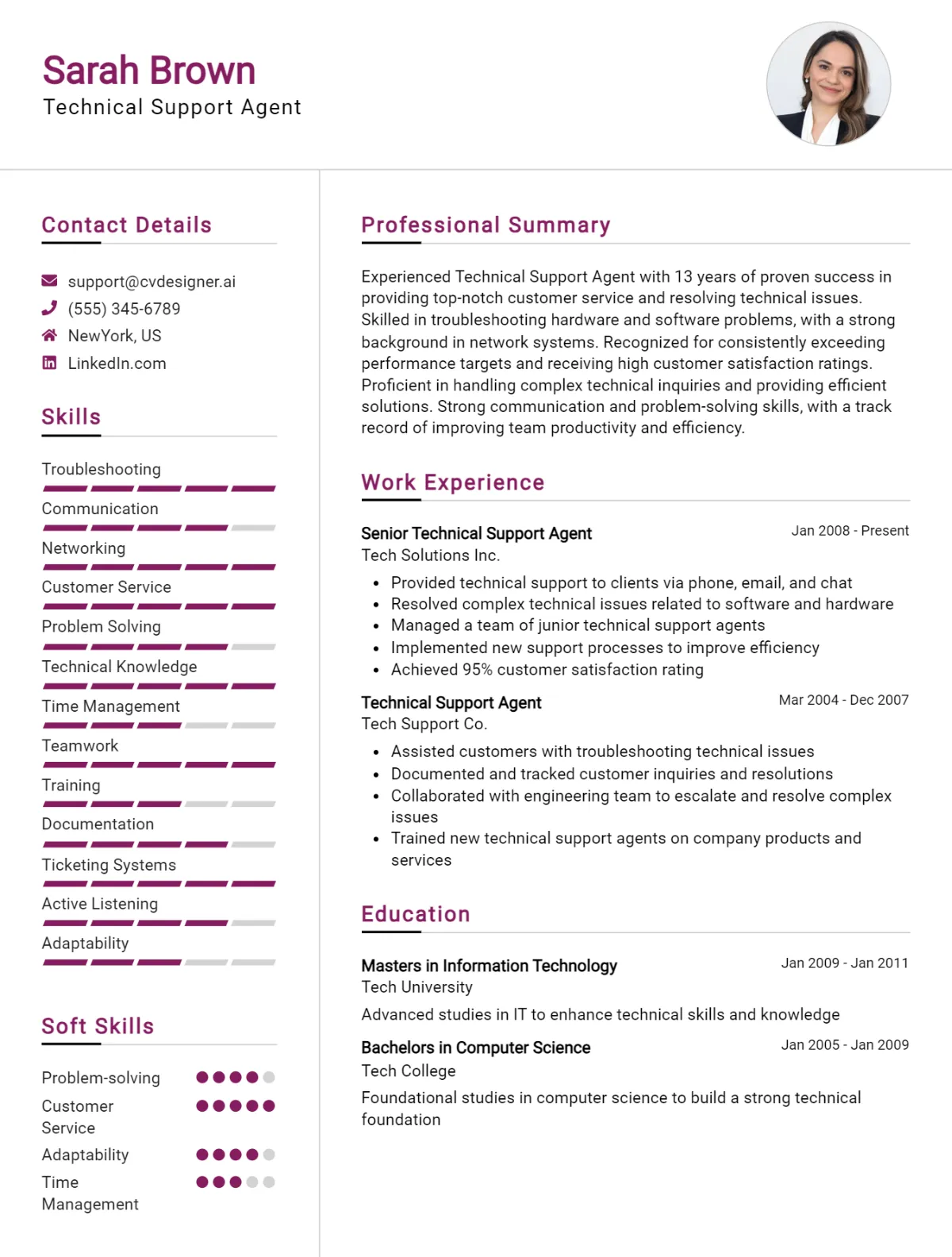 Technical Support Agent CV Example