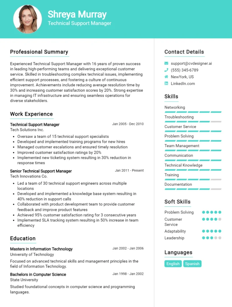 Technical Support Manager CV Example