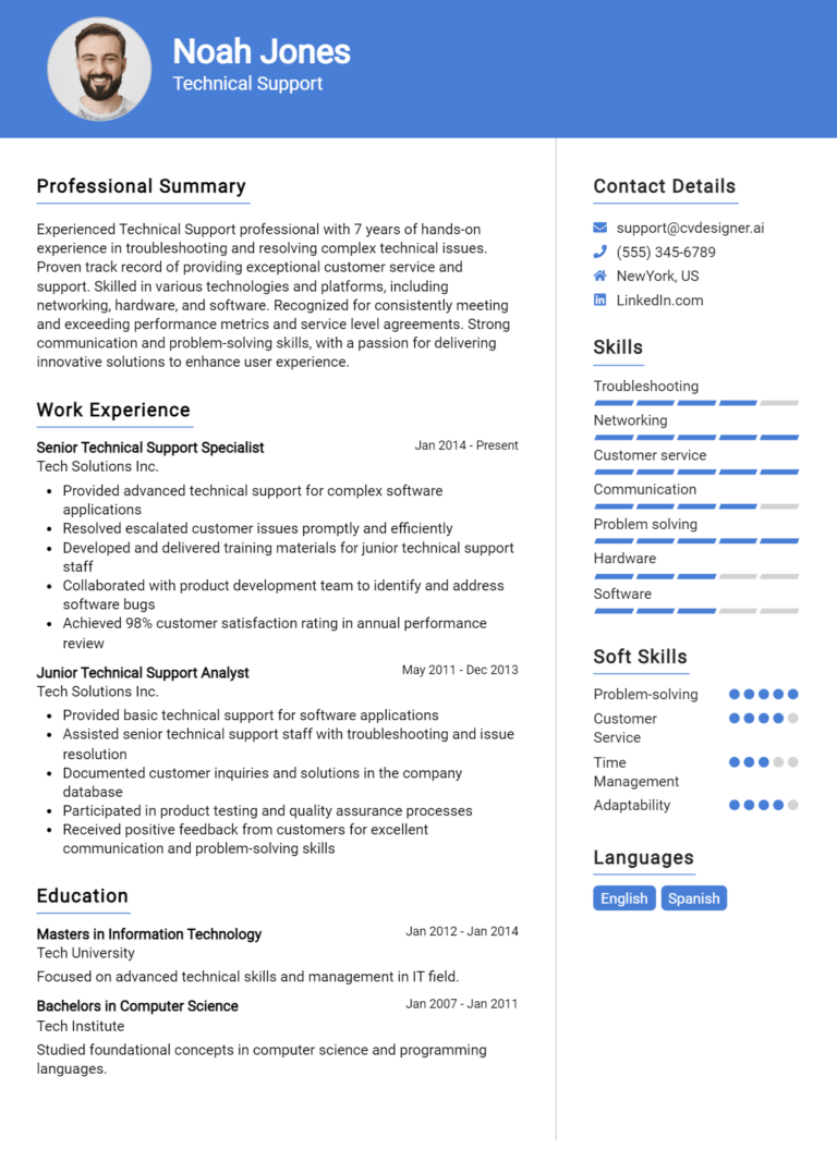 Technical Support Resume Example for 2025: Free Templates