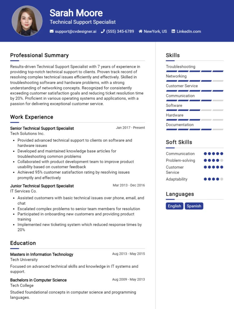 Technical Support Specialist CV Example