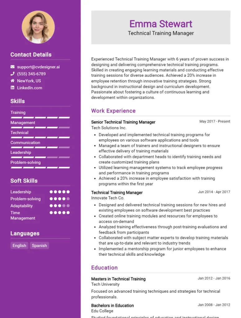 Technical Training Manager CV Example