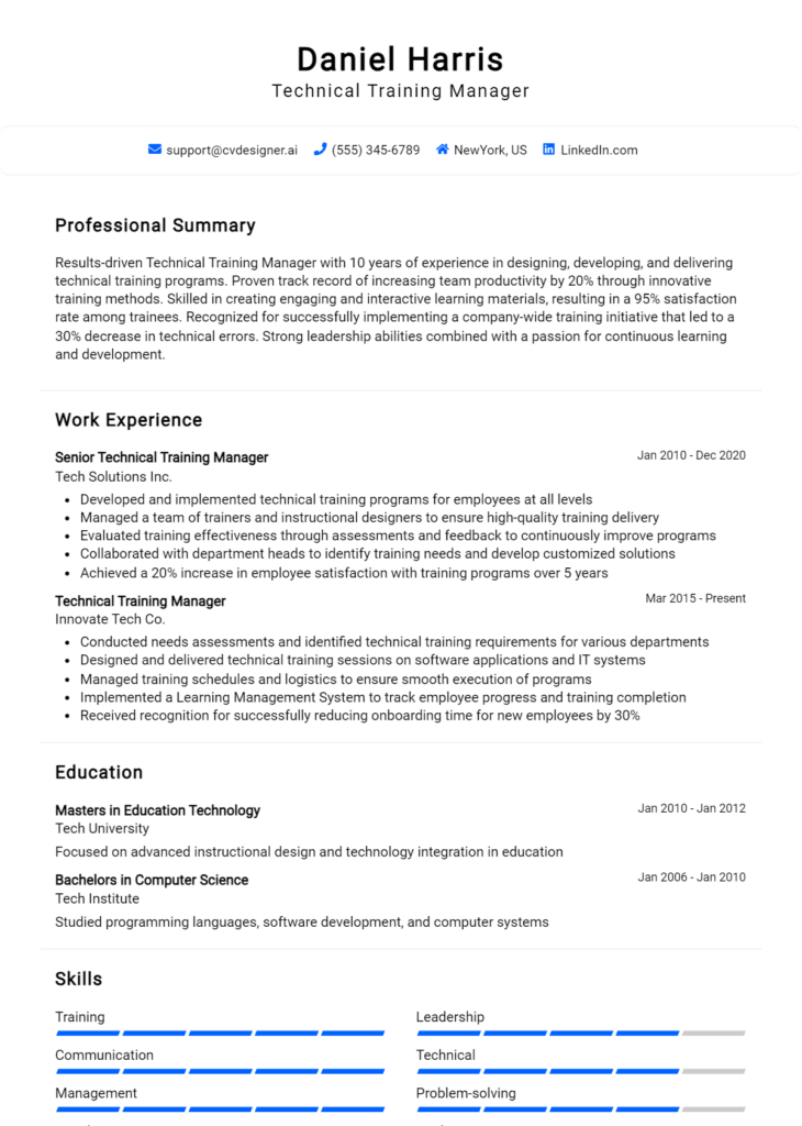 Technical Training Manager Resume Example