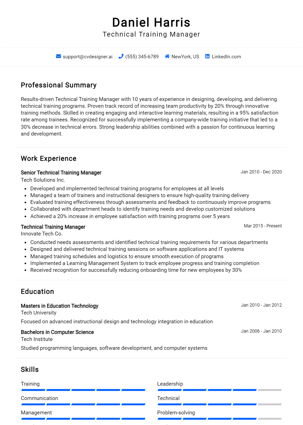 Technical Training Manager Resume Example